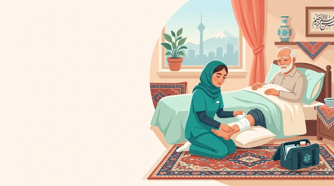 پرستار زخم الو زخم در حال پانسمان بیمار در منزل